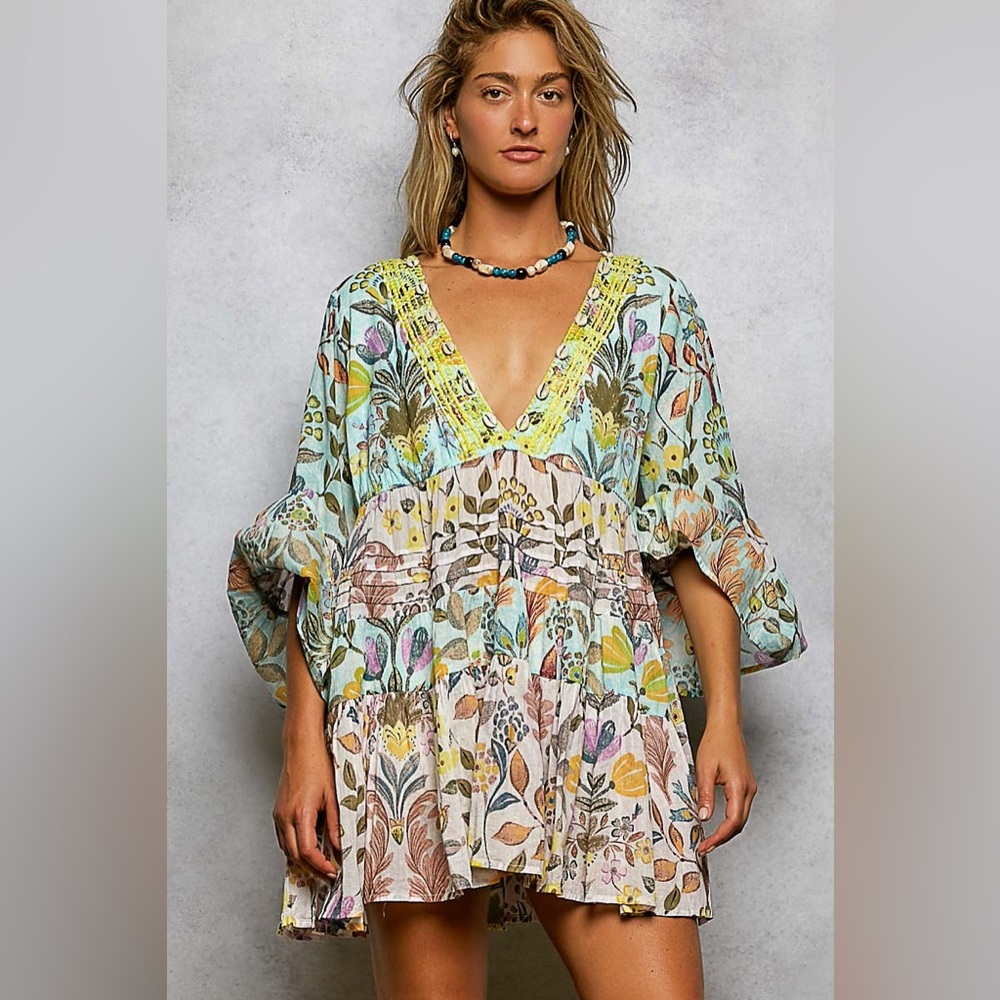 POL “ Sunlit Bloom “ Babydoll Mini Dress | Blue / Pink - Picture 1 of 6